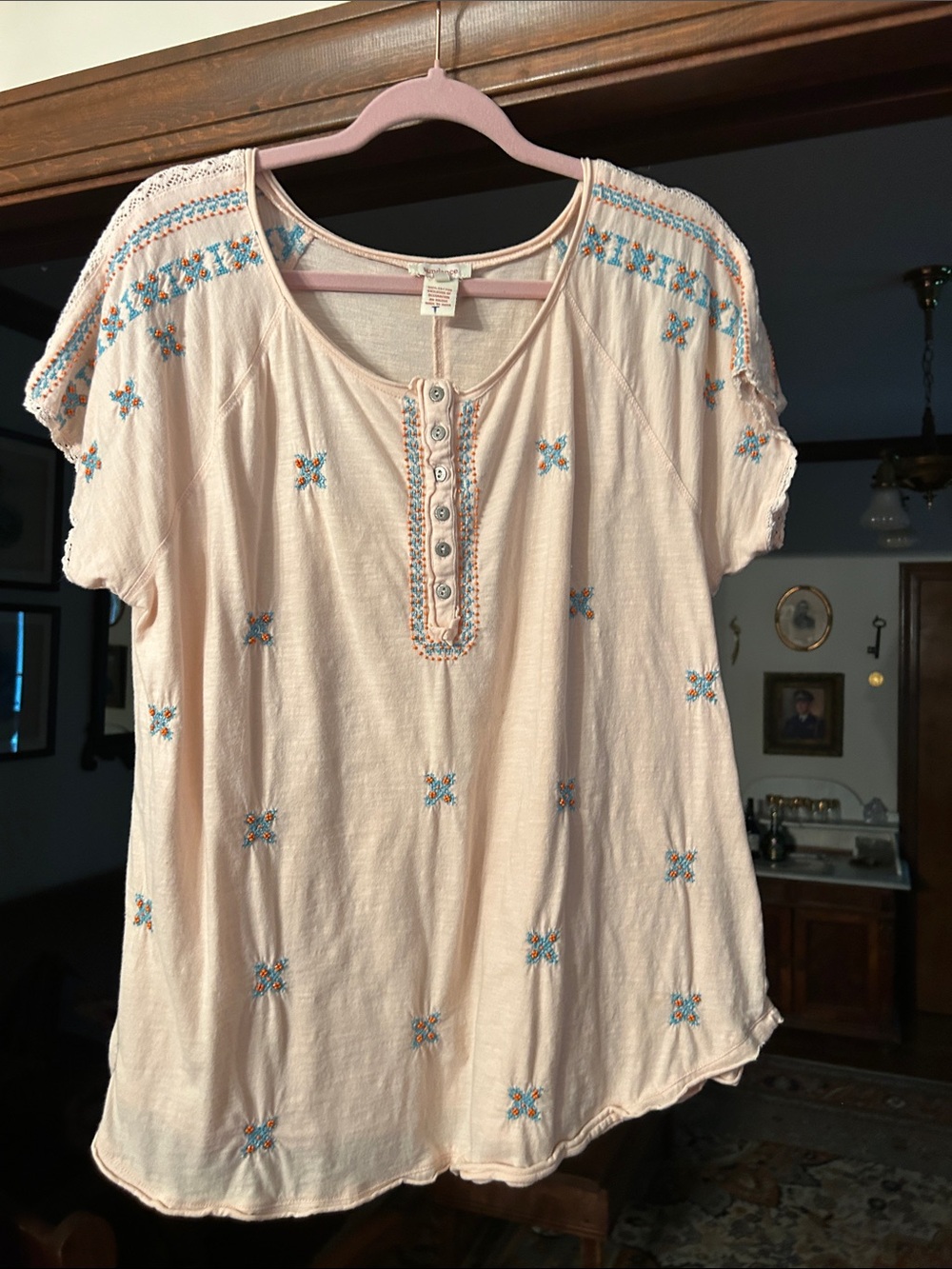 Sundance Pale Pink Embroidered Henley tee